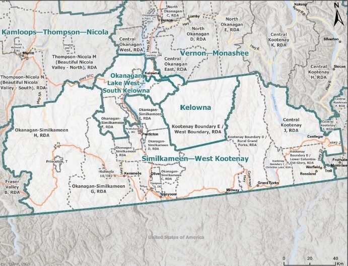 A proposal calls for parts of the West Boundary to be moved from South Okanagan-West Kootenay to a riding to be known as Okanagan Lake West-South Kelowna.